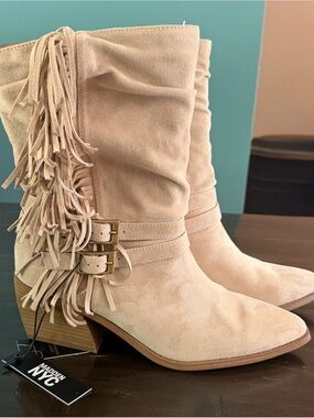 Madden NYC Fringe Suede Ankle Boots in Light Beige